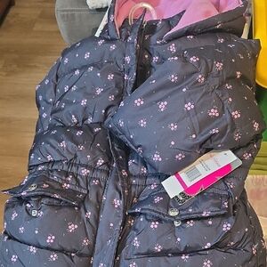 Pink Platinum Girls' Floral Puffer Jacket - Black and Pink